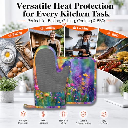 Wild Lavender Oven Mitts and Pot Holders Sets Silicone Heat Resistant Kitchen Oven Gloves Pot Holder for Cooking Baking Grilling BBQ - color: Wild Lavender