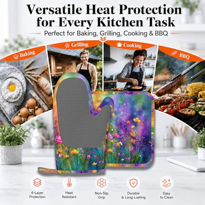 Wild Lavender Oven Mitts and Pot Holders Sets Silicone Heat Resistant Kitchen Oven Gloves Pot Holder for Cooking Baking Grilling BBQ - color: Wild Lavender