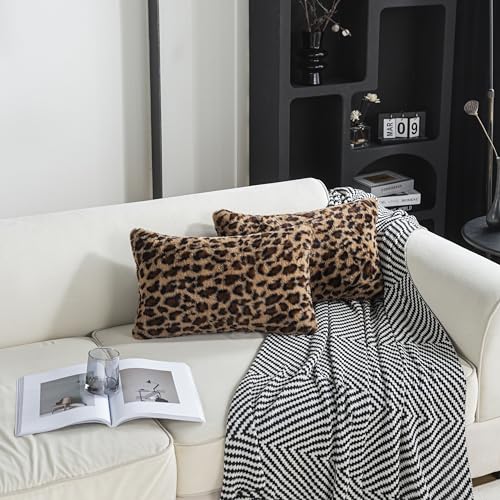 Leopard Print Faux Fur Throw Pillow Covers, 12x20 Inch, Set of 2, Soft Plush Animal Print Decorative Lumbar Cushion Cases for Sofa Bed Chair | Safari-Inspired Decor in Warm Terracotta Brown - size: 20" x 12" (Pack of 2)