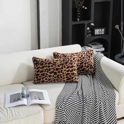 Leopard Print Faux Fur Throw Pillow Covers, 12x20 Inch, Set of 2, Soft Plush Animal Print Decorative Lumbar Cushion Cases for Sofa Bed Chair | Safari-Inspired Decor in Warm Terracotta Brown - size: 20" x 12" (Pack of 2)