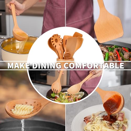 11 PCS WOSPONFAN Kitchen Utensils Set - Wooden Spoons for Cooking, Natural Beech Wood Wooden Utensils - Includes Wooden Spoons, Spatula Set, Slotted Spoon - Handmade Wooden Spoon Set | Heat Resistant, Non-Scratch, Safe for Nonstick Pan, Easy to Clean, Dai