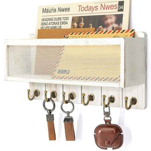 Rebee Vision Key Holder Wall Mount with Mail Basket for Entryway, Whitewash | Pine Wood, Key Holder for Wall, 6 Key Hooks, Mail Organizer, Key Rack & Storage Organizer, Home Essential, Room Decor - color: Whitewash