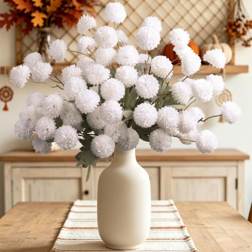 INQCMY Artificial Silk Mums 20" Faux Stem Kiku Flowers for Vase Home Decor | 12 Pcs Fake Chrysanthemums White Fall Flower, Realistic Pompon Balls for Indoor Living Room Thanksgiving Table Centerpieces - color: White