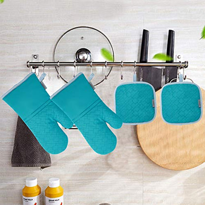 4Pcs Oven Mitts and Pot Holders Set, 572F Heat Resistant Oven Glove, Soft Cotton Lining with Non-Slip Surface for Kitchen Baking BBQ (Turquoise) - color: Turquoise
