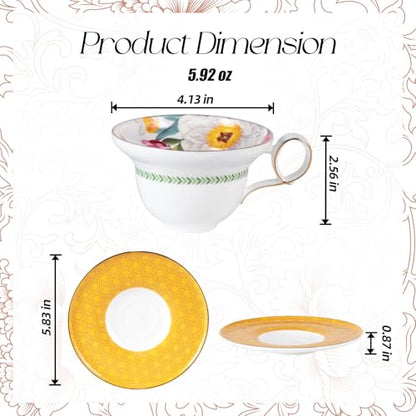KAMMAK Tea Cups Set of 2,Ceramic Floral Pattern Demitasse Cup | Porcelain Espresso Cup with Saucer, 5.92 oz Handmade Elegant Bone China Tea Cups for Latte, Americano, Cappuccino - color: Vine (B.Purple+C.Yellow)