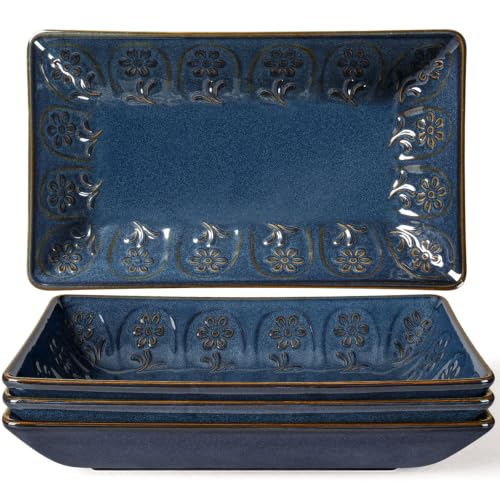 Salad Plates Set of 4, 9.85" Embossed Ceramic Rectangular Appetizer Plates, Deep Lipped Edges, Microwave & Dishwasher Safe, Dessert Sushi Pasta Serving Plates (Blue, Pinwheel Flower) - color: Blue (Pinwheel Flower), size: 9.85 inch