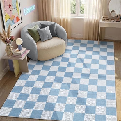GarveeHome Checkered Blue 3x5 Washable Coastal Rug Low-Pile Nursery Bedroom | Light Blue Small Area Rug for Bathroom Entryway Non-Slip Soft Stain Resistant Geometric Rugs TPE Backing - color: Light Blue, size: 3' x 5' (Rectangular)