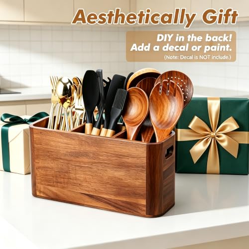 Kitchen Utensil Holder for Counter or Countertop, Extra Large Acacia Wood Organizer with 4 Compartments, Wooden Utensil Holder for Cooking and Silverware, Rustic Wood Container Sturdy Utensil Crock