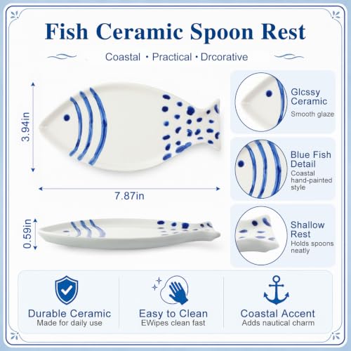 Ceramic Fish Spoon Rest for Kitchen Coastal Ocean Decoration | Spoon Holder for Stove Counter, Blue White, Cutlery Rest, Ocean Lovers, Housewarming Gifts, 7.87 x 3.94 Inches - style: Fish