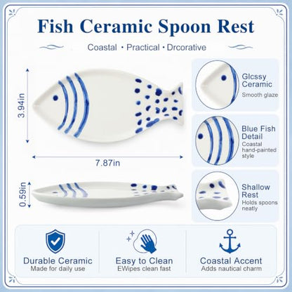 Ceramic Fish Spoon Rest for Kitchen Coastal Ocean Decoration | Spoon Holder for Stove Counter, Blue White, Cutlery Rest, Ocean Lovers, Housewarming Gifts, 7.87 x 3.94 Inches - style: Fish