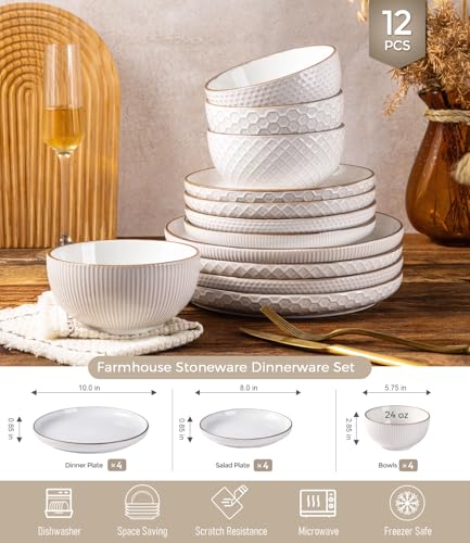 GBHOME Stoneware Dinnerware Set for 4, 12 piece Farmhouse Plates and Bowls | Elegant Embossed Ceramic Dish Set, Scratch Resistant, Microwave & Dishwasher Safe, Off white - color: Off White-Mixed Texture