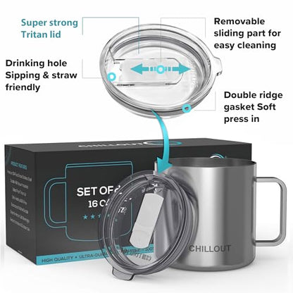 CHILLOUT LIFE Stainless Steel Vacuum Insulated Coffee Mug 16 oz (Set of 2) with Handle and Lid, Large Thermal Camping Coffee Mugs with Sliding Lid for Men & Women, Keeps Your Beverages Hot & Cold - color: Stainless Steel, size: 16 Ounces - 2 Pack