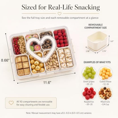 Snackle Box Container with Leakproof Lid and Handle, 8 Compartment Divided Serving Tray with Removable Containers, Spill-Proof Portable Snack Tray for Kids Snacks, Fruit, Candy, Nuts, Picnic & Parties