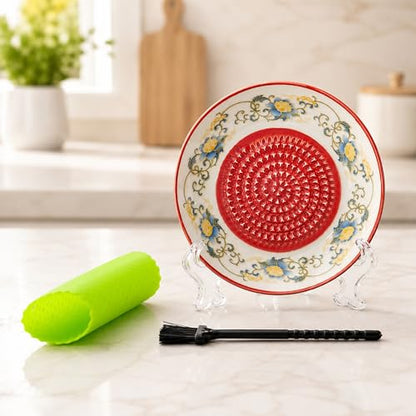 Ceramic Garlic Grater Plate Bowl Tomato Dish Made in Spain Spanish Grating Pan Herb Stripper Peeler Con Tomate Grater Plate Brush Stand Kitchen Gadget Gift Set Ginger Olive Oil Dip(#K) - color: #K