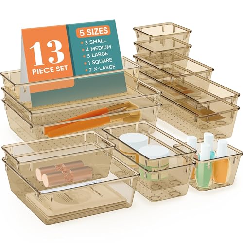 13 PCS Drawer Organizer Set, 5 Size Bathroom and kitchen organizer Trays | Bathroom and kitchen Drawer cabinet organizer Trays, Clear Storage Bins for Makeup, Jewelry, Utensils and Gadgets - color: Champagne, size: 13 PCS