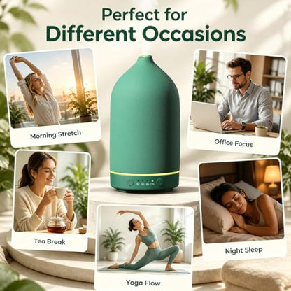 200ML Ceramic Essential Oil Diffuser for Home, Stone Diffuser | Ultrasonic Aromatherapy Diffuser & Air Humidifier for Bedroom, Office, Yoga, 7 LED Lights, Auto Shut-Off, 3 Timers, Green - color: Green