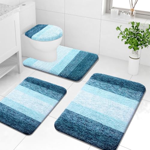 Arotive Microfiber Bathroom Rugs Sets 4 Piece, 24x16+30x20+24x20+17.5x15 | Peacock Blue, Soft Absorbent Bath Mats, Machine Wash Dry U-Shaped Contour Rug and Toilet Lid Cover for Bathroom - color: Peacock Blue, size: 30" X 20" + 24" X 16" + 24" X 20" + 17.