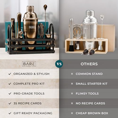BARE BARREL® Mixology Bartender Kit Bar Set | 14-Piece Cocktail Shaker Set | Martini Barware Mixing Tools for Home Bartending | 35 Recipe Cards | Gift Set (24oz Cobbler Shaker, Brass/Black) - color: Brass/Black