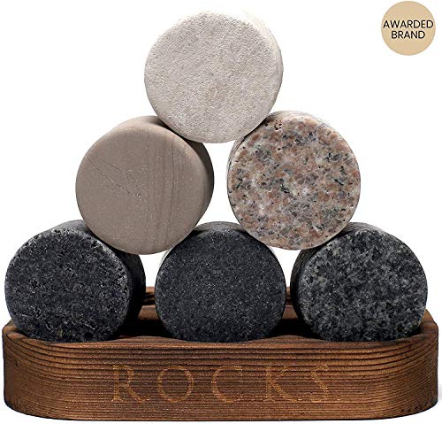 Whiskey Chilling Stones Gift Set - 6 Handcrafted Premium Granite Round Sipping Rocks - 2 Crystal Glass Tumblers - Hardwood Presentation & Storage Tray - Elegant Gold Foil Gift Box by R.O.C.K.S.