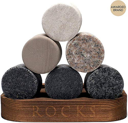 Whiskey Chilling Stones Gift Set - 6 Handcrafted Premium Granite Round Sipping Rocks - 2 Crystal Glass Tumblers - Hardwood Presentation & Storage Tray - Elegant Gold Foil Gift Box by R.O.C.K.S.