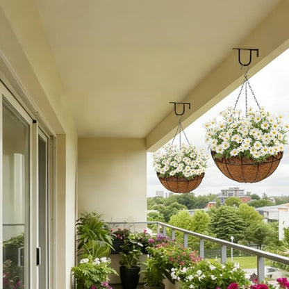 2 Pack 14 inch Metal Hanging Baskets for Plants, Round Metal Wire Hanging Basket Planter with Coco Fiber Liners Chain for Garden Home Porch Patio, Flower Border - size: 14" x 2 Pack, style: Flower Border