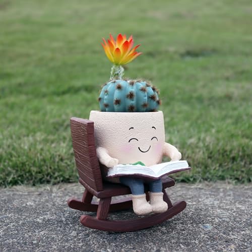 Dolkgy Cute Plant Pots Head Planters, Funny Rocking Chair Reading Book Planter Cactus Face Pot with Drainage Hole for Indoor Outdoor Plants, Unique Plant Lover Gifts - color: Khaki