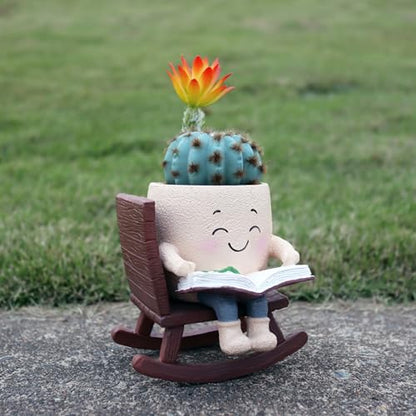 Dolkgy Cute Plant Pots Head Planters, Funny Rocking Chair Reading Book Planter Cactus Face Pot with Drainage Hole for Indoor Outdoor Plants, Unique Plant Lover Gifts - color: Khaki