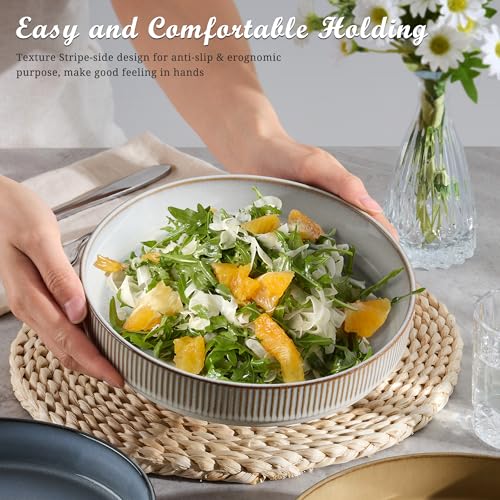 E-far Pasta Bowls Set of 4, 35oz Large Salad Bowl Plate for Dinner Serving Soup, Wide & Shallow Ceramic Stoneware Pasta Plates, Microwave & Dishwasher Safe, Reactive Glaze Textured Stripes, Multicolor - color: Multicolor