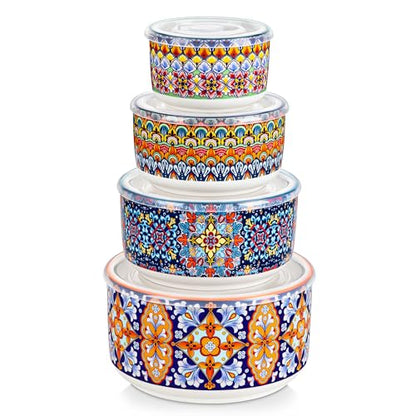 vancasso SIMI Serving Bowls with Lids, Ceramic Mixing Bowls Set of 4, Boho | Nesting Bowls for Food Storage, Prep, Stackable Bohemian Bowls, Dishwasher & Microwave Safe Gift Set, 60/36/20/10 OZ - size: 60/36/20/10 OZ (Set of 4)
