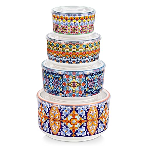 vancasso SIMI Serving Bowls with Lids, Ceramic Mixing Bowls Set of 4, Boho | Nesting Bowls for Food Storage, Prep, Stackable Bohemian Bowls, Dishwasher & Microwave Safe Gift Set, 60/36/20/10 OZ - size: 60/36/20/10 OZ (Set of 4)