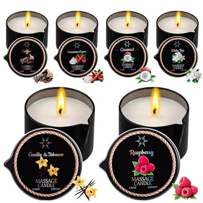6 Pack Low Temperature Massage Oil Candle Set | Soy Wax That Melts Into Skin Nourishing Body Oil Massage Candle for Home Spa, Massage Therapy, Relaxation - Natural - 2.35 oz
