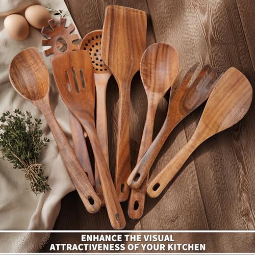 9 PCS Kitchen Utensils Set - Wooden Spoons for Cooking, Natural Teak Wooden Utensils - Includes Wooden Spoons, Spatula Set, Slotted Spoon - Handmade Wooden Spoon Set | Heat Resistant, Non-Scratch, Safe for Nonstick Pan, Easy to Clean, Daily Cooking Use,Sm