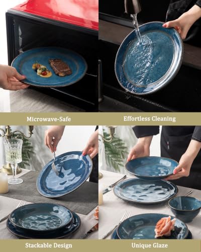 4-piece set, ceramic, natural active glaze plate and bowl set, microwave and dishwasher compatible tableware set, shatterproof and scratch resistant dinner set, irregular edge design, sky blue - color: style - 2