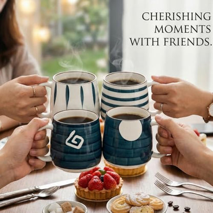 DEAYOU Set of 4 Porcelain Coffee Mugs, 17 Oz Ceramic Coffee Cups with Handles, Large Hand-Painted Tea Cups for Cappucino, Milk, Latte, Cocoa, Hot or Cold Drinks, Microwave & Dishwasher Safe