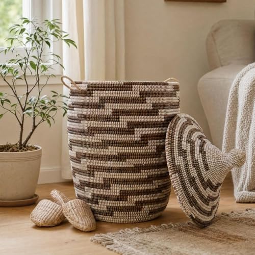 Decorative African Hooded Basket with Lid and Handles, 15" Wide, 19" Tall (Brown White) - color: Brown White