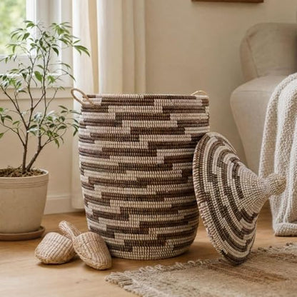 Decorative African Hooded Basket with Lid and Handles, 15" Wide, 19" Tall (Brown White) - color: Brown White