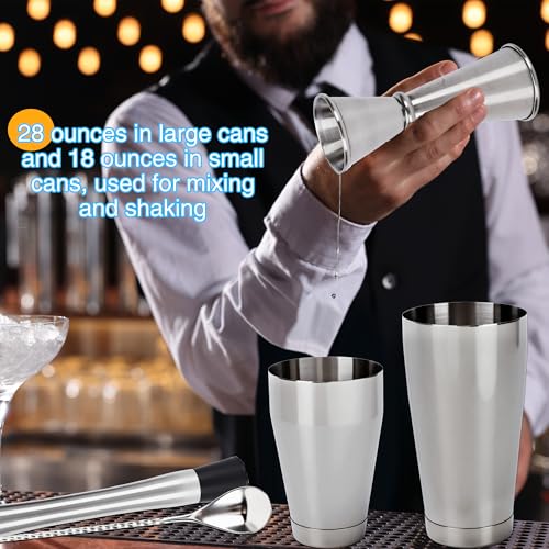 24 Pcs Shaker Set Stainless Steel Cocktail Drink 18 oz&28 oz Shaker Tin with Strainer Jigger Long Spoon Muddler Bottle Pourer Mixed Alcohol Tool for Beginner Bartender Kit