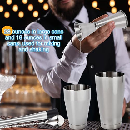 24 Pcs Shaker Set Stainless Steel Cocktail Drink 18 oz&28 oz Shaker Tin with Strainer Jigger Long Spoon Muddler Bottle Pourer Mixed Alcohol Tool for Beginner Bartender Kit