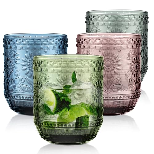 Joeyan Vintage Drinking Glasses,Grey Green Purple Blue Water Glass Cups,Embossed Floral Colored Glassware,Cocktail Juice Beverages Tumbler,Hobnail Textured Drinkware Set of 4,12 oz,Dishwasher Safe