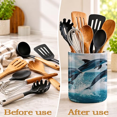 Utensil Holder for Countertop,Dolphins in Ocean Ceramic Utensil Crock Organizer for Home Kitchen Spoons,Spatulas and Cooking Tools - color: Dolphins in Ocean