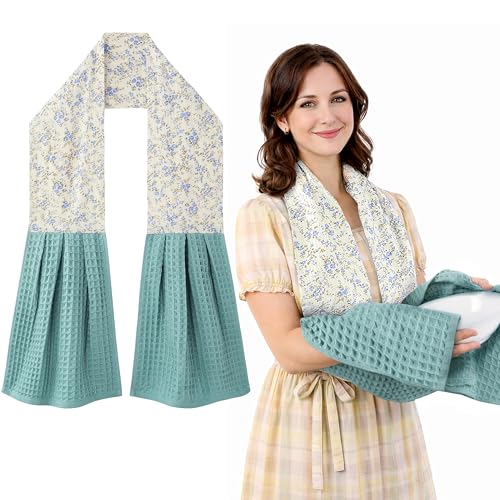 Cozy Laur Kitchen Towel Scarf – 100% Cotton Waffle Weave Hand Towel with Floral Bib Apron for Cooking, Cleaning & Decoration - color: Lake Blue