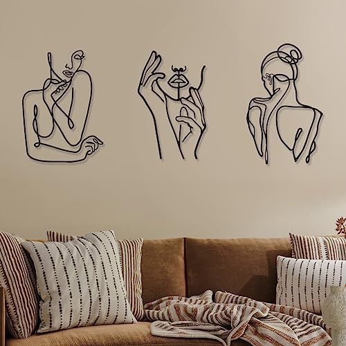 Photect 3 Pcs Metal Wall Art Decor Minimalist Abstract Woman Wall Art Metal Modern Line Drawing Decor Female Single Line Home Hanging for Bedroom Bathroom Living Room Housewarming(Cute,Black) - color: Black, style: Cute