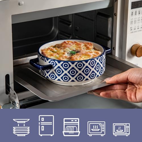 Soup Bowls with Handles - 24oz Ceramic French Onion Soup Crocks Serving Bowls for Pasta Cereal Beef Stew Pot Pies Casserole - Oven Microwave Dishwasher Safe - Set of 4, Blue | French Onion Soup Crocks Serving Bowls for Pasta Beef Stew Pot Pies Casserole -