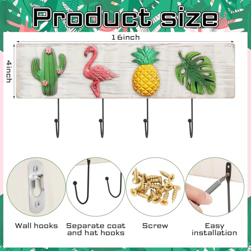 Tropical Coat Rack with 4 Hooks Pineapple Flamingo Cactus Monstera Leaf Wall Mounted Hooks Decor Tropical Theme for Home Entryway Bathroom Hats Keys Towels - style: Flamingos