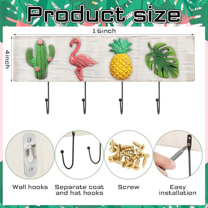 Tropical Coat Rack with 4 Hooks Pineapple Flamingo Cactus Monstera Leaf Wall Mounted Hooks Decor Tropical Theme for Home Entryway Bathroom Hats Keys Towels - style: Flamingos
