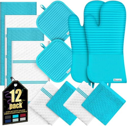 Oven Mitts Kitchen Towels and Dishcloths with Pot Holders Sets, Oven Gloves Hot Pads 500°F Heat Resistant with Silicone Grip, Include 2 Cooking Gloves/2 Potholders/4 Kitchen Towels/4 Dish Towels - color: Lake Blue