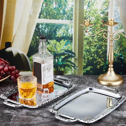 2 Pcs Silver Serving Tray Elegant Floral Metal Plate Silver Platter Tray for Summer Buffet Wedding Party Jewelry Decorative (Oblong with Handle) - style: Oblong