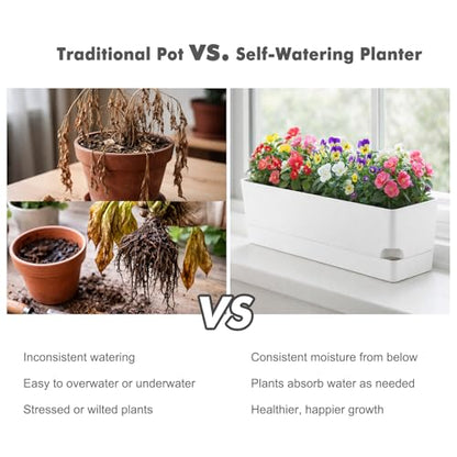 Party Zealot Window Boxes Planters, 3 Pack Self Watering Pots for Indoor Plants 17 Inch Rectangular Planter Rectangle Flower Pots Long Plant Pot Large Window Sill Herb Planter Box, White - color: White