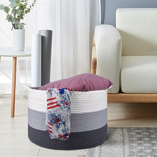 COMSE Large Woven Blanket & Laundry Basket, 87L, White & Gray | 21.7" x 13.8", Cotton Rope, Nursery Hamper for Storage of Toys Clothes Towels, Ideal for Living Room Bedroom Bathroom - color: White & Light Gray & Dark Gray