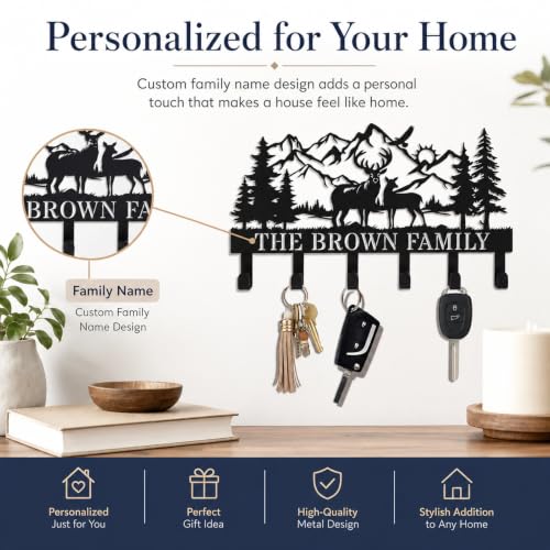 Personalization Deer Mountain Metal Key Holder custom Wall Mount Key Holder for Wall Rustic Cabin Decor Key Rack Hooks Hanger Woodland Wildlife Wall Art Entryway Organizer Housewarming Hunting Gifts - size: Small, style: Custom